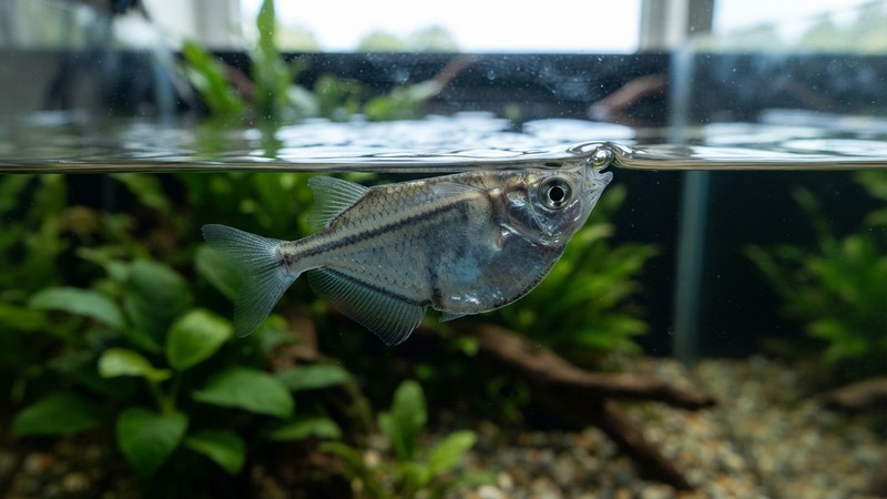 un primer plano lateral de un pez hacha en la superficie del acuario mostrando su boca orientada hacia arriba pegada a la lámina de agua, cuerpo comprimido y plano, agua limpia y transparente