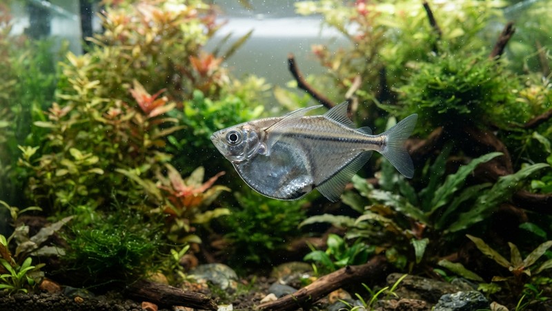 un pez hacha plateado de perfil dentro de un acuario plantado, con su cuerpo alargado y comprimido y la marcada quilla inferior en forma de hoja de hacha bien visible, reflejos plateados naturales, agua cristalina