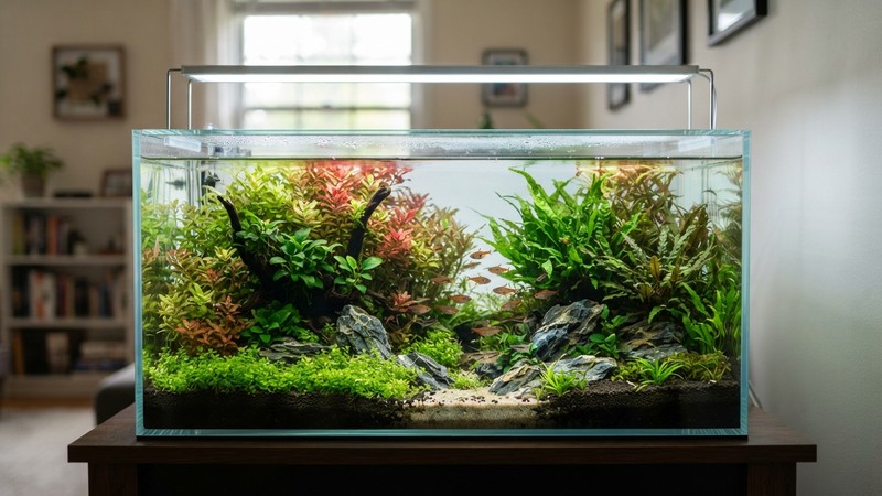un acuario plantado completamente cerrado con una tapa de cristal bien ajustada sobre el borde superior, sin huecos, vista lateral del acuario limpio con agua cristalina y plantas sanas