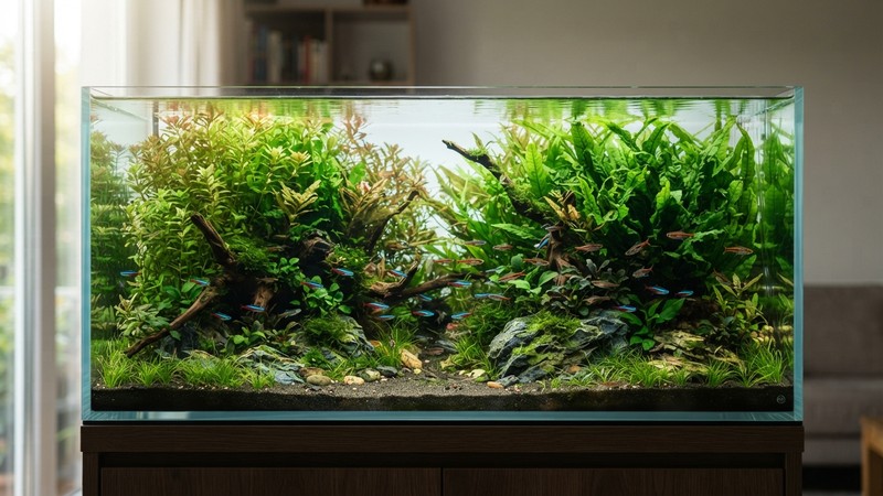 un acuario plantado amplio y de gran superficie con la lámina de agua muy tranquila y en calma, plantas de fondo verdes y sanas, agua cristalina, ambiente sereno