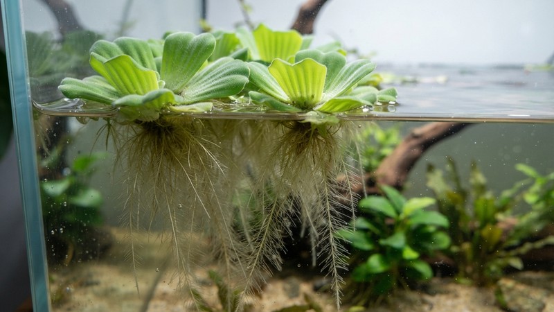 un primer plano de plantas flotantes de pistia (lechuga de agua) con sus raíces colgantes bajo el agua de un acuario limpio, hojas verdes aterciopeladas, agua cristalina