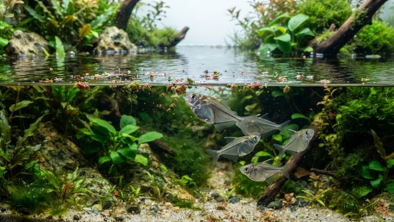 escamas y gránulos finos de alimento flotando sobre la superficie tranquila de un acuario plantado, con peces hacha acercándose a comer desde abajo, agua cristalina
