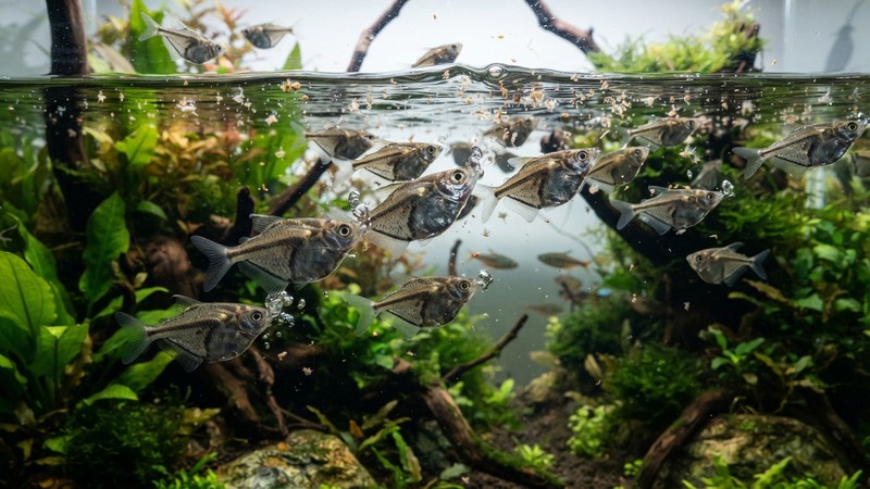 un cardumen de peces hacha animado comiendo pequeñas presas flotantes en la lámina de agua de un acuario amazónico, peces sanos y vigorosos en primer plano, agua cristalina