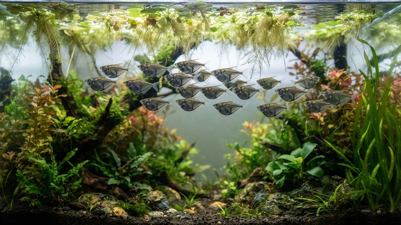 un cardumen sereno de peces hacha recorriendo en formación la parte alta de un acuario plantado, como una pequeña bandada bajo las plantas flotantes, agua cristalina y ambiente tranquilo