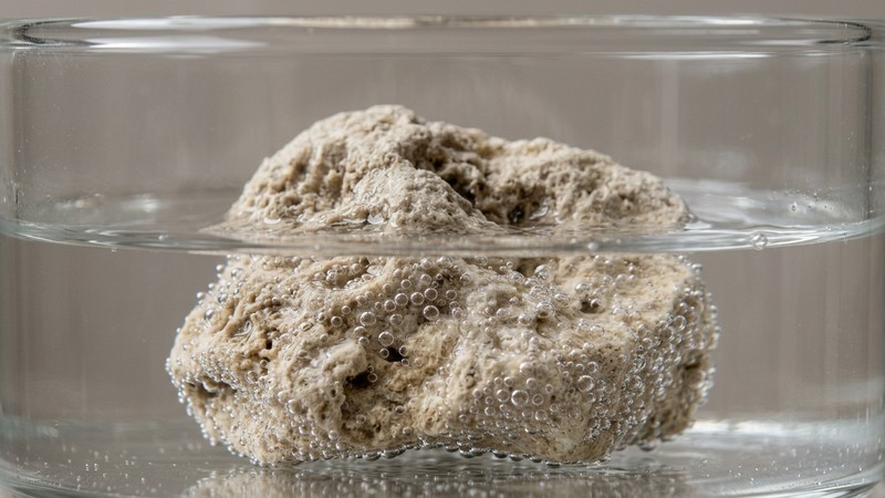 un primer plano de una roca clara semisumergida con finas burbujas formándose en su superficie por una reacción química, sobre un fondo neutro de estudio