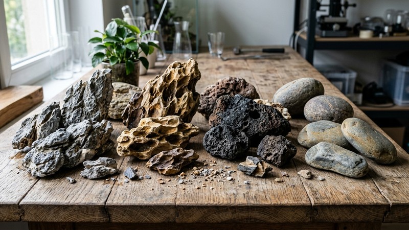 distintos tipos de roca para acuario ordenados sobre una mesa de madera, en reposo, mostrando variedad de texturas, tamaños y tonos grises, ocres y oscuros