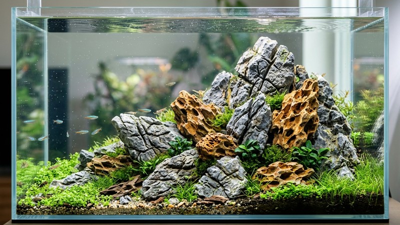 rocas seiryu grises de grietas marcadas y rocas ohko dragon stone de tono ocre apiladas juntas formando una pequeña montaña dentro de un acuario limpio