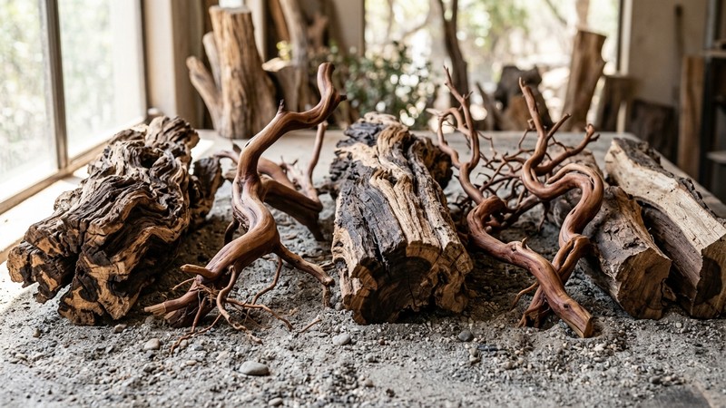 varios troncos comerciales tipo mopani de dos tonos y raíces de manzanita en reposo sobre una superficie neutra, con sus texturas y curvas naturales bien visibles