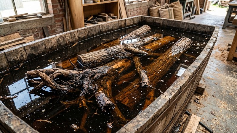 varios troncos y raíces sumergidos en reposo dentro de una tina con agua teñida de color ámbar por los taninos, durante el proceso de curado
