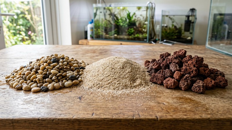 distintos sustratos de acuario en montoncitos separados sobre una mesa: grava natural redondeada, arena clara fina y roca volcánica porosa de color rojizo