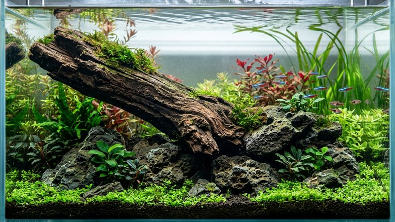 un tronco anclado sobre rocas dentro de un acuario plantado con agua cristalina, mostrando cómo la madera se apoya de forma natural en la piedra