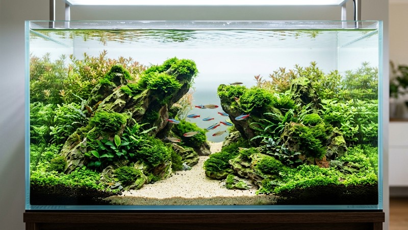 un acuario paisajado con rocas cubiertas de musgo verde exuberante, arena de transición y agua cristalina, con una composición equilibrada y natural