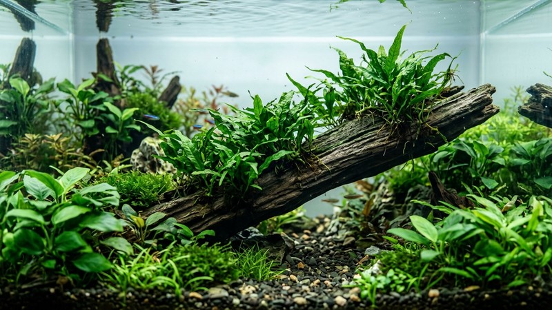un tronco sumergido con helecho de Java creciendo sobre él dentro de un acuario limpio de agua transparente, hojas verdes en primer plano