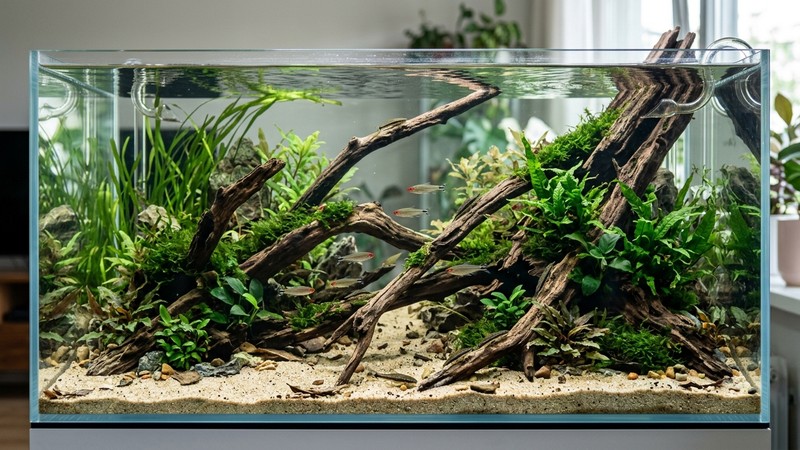 un acuario tipo biotopo de río con troncos colocados en ángulos que dan profundidad, sustrato de arena fina y clara y agua totalmente transparente