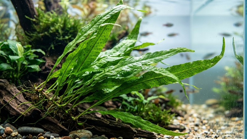 un primer plano de las hojas verdes alargadas de un helecho de Java dentro de un acuario limpio de agua clara