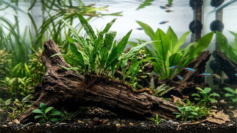 un helecho de Java atado a un tronco natural sumergido en un acuario, con el rizoma bien a la vista sobre la madera