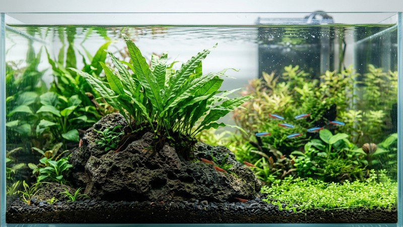 un helecho de Java verde creciendo sobre una roca volcánica dentro de un acuario plantado de agua cristalina
