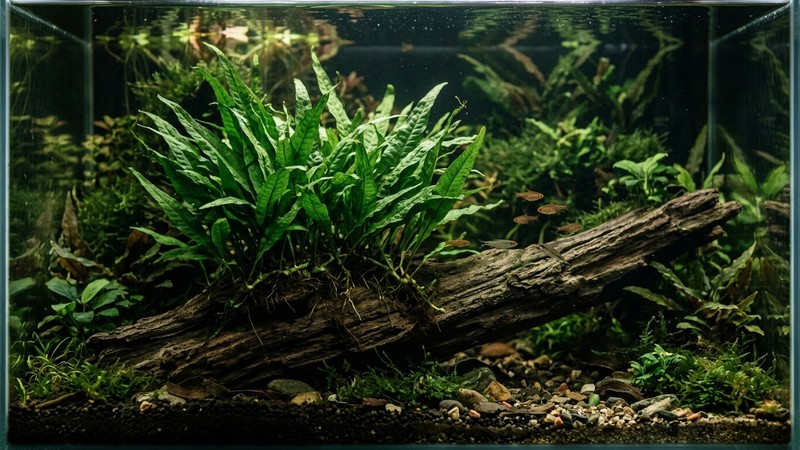 un macizo de helechos de Java sobre un tronco en un acuario de estilo natural con luz tenue y agua clara