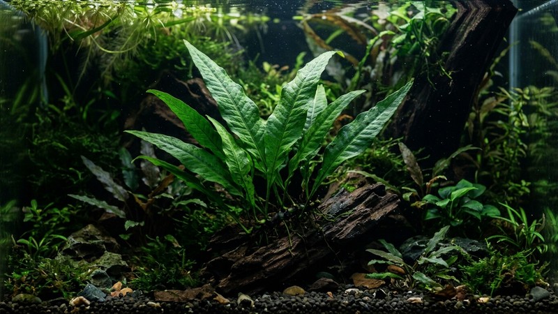 un helecho de Java verde intenso en una zona de sombra de un acuario plantado, con las hojas sanas y limpias