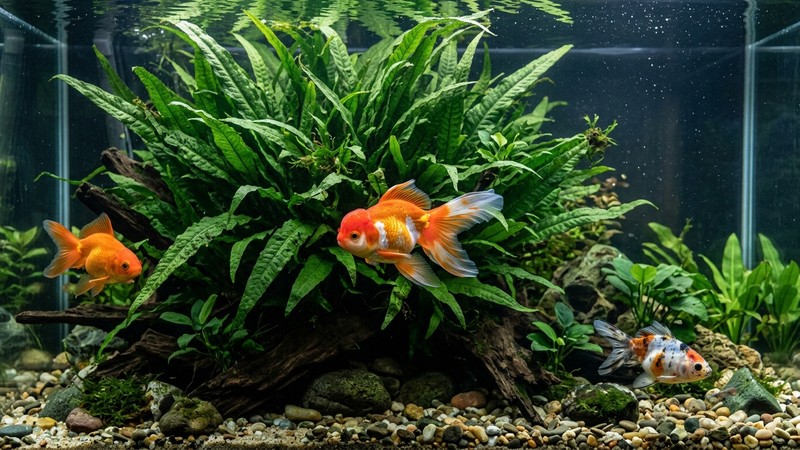 un helecho de Java grande y frondoso al fondo de un acuario con peces goldfish nadando entre sus hojas