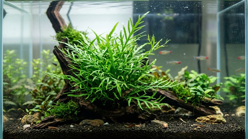 la variedad Trident del helecho de Java, de hojas verdes muy estrechas y divididas, en un acuario limpio de agua clara