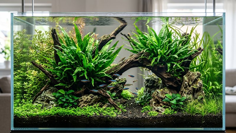 un acuario plantado sano y equilibrado con helechos de Java verdes sobre troncos y rocas, agua muy cristalina
