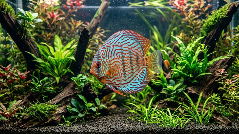 un pez disco adulto sano y vigoroso, con colores encendidos rojos y azules, nadando en el centro de un acuario plantado de agua cristalina, aletas desplegadas, aspecto lleno de vitalidad