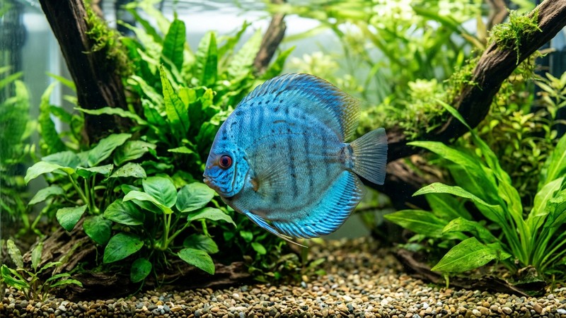 un solo pez disco de perfil, en reposo cerca de plantas verdes dentro de un acuario limpio de agua transparente, mostrando su cuerpo redondeado y bien nutrido