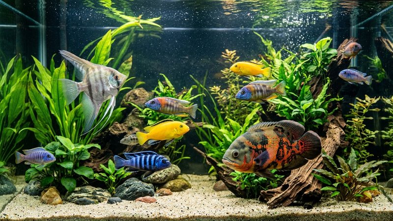 varios cíclidos juntos en un acuario amplio y limpio, un pez ángel escalar y un óscar entre plantas, agua cristalina, colores vivos y realistas