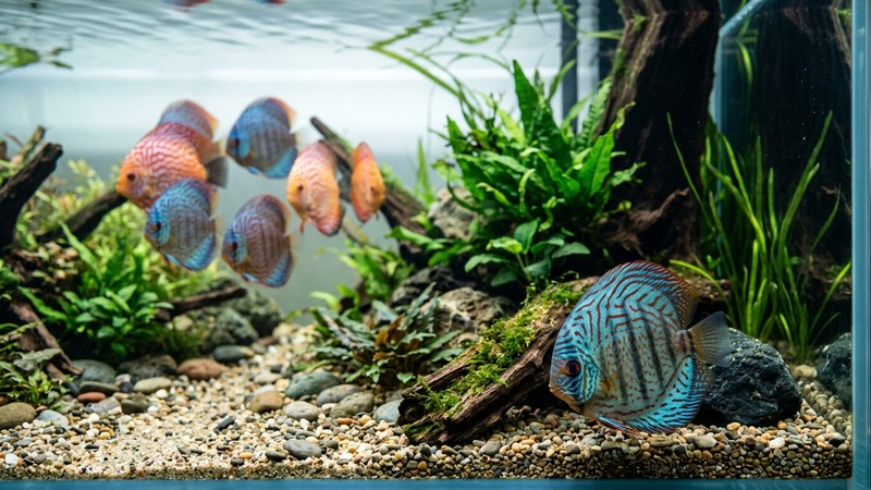 un pez disco apartado en un rincón del acuario, quieto cerca del fondo de grava, mientras al fondo otros discos nadan juntos, agua limpia y clara