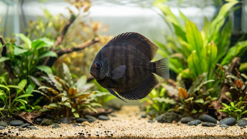 un pez disco de perfil de silueta delgada y afinada nadando solo en un acuario de agua transparente, sin heridas ni lesiones, aspecto tranquilo