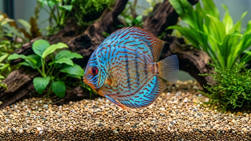 un pez disco saludable de color intenso sobre un fondo de grava limpia en un acuario de agua totalmente cristalina y bien mantenido
