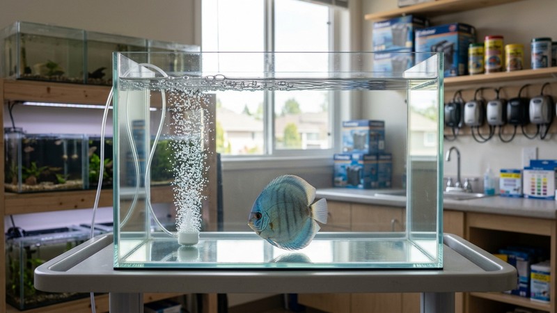 un acuario hospital pequeño, limpio y de fondo desnudo, con un difusor de aire soltando burbujas y un pez disco en reposo, agua transparente