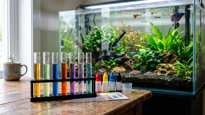 un kit de test de agua con varios tubos de ensayo de colores apoyados sobre una mesa junto a un acuario plantado y cristalino al fondo