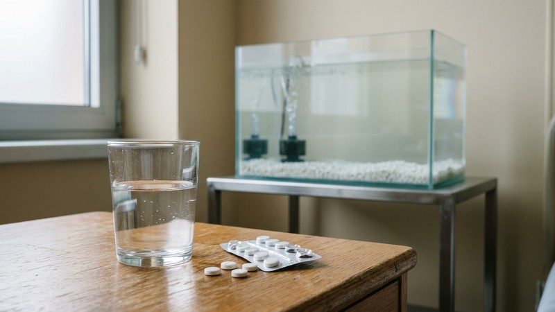 unas tabletas blancas de medicamento y un vaso de agua sobre una mesa, junto a un pequeño acuario hospital de fondo desnudo con agua limpia