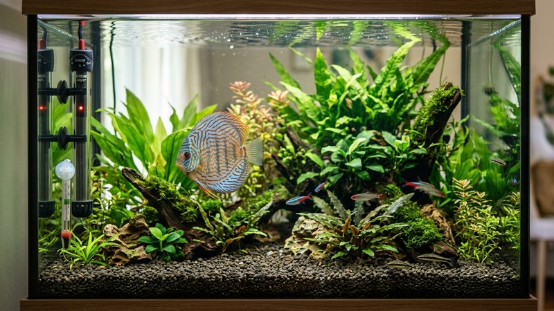 un acuario templado con un calentador sumergible y un termómetro adheridos al cristal, agua cristalina y un pez disco nadando tranquilo, ambiente cálido
