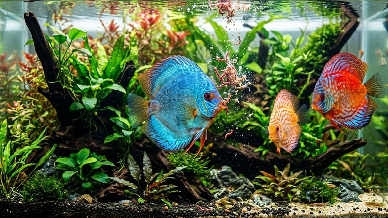 un pez disco recuperado, de color brillante y activo, comiendo con ganas junto a otros discos en el centro de un acuario plantado de agua cristalina
