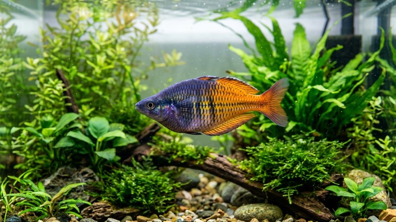 un pez de acuario sano y colorido nadando enérgico en agua muy clara con plantas verdes al fondo