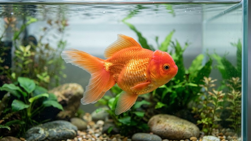 un goldfish sano y redondo de escamas lisas y brillantes nadando en un acuario limpio de agua transparente