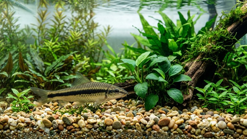 un pez tranquilo descansando cerca del sustrato de grava limpia en un acuario plantado de agua clara