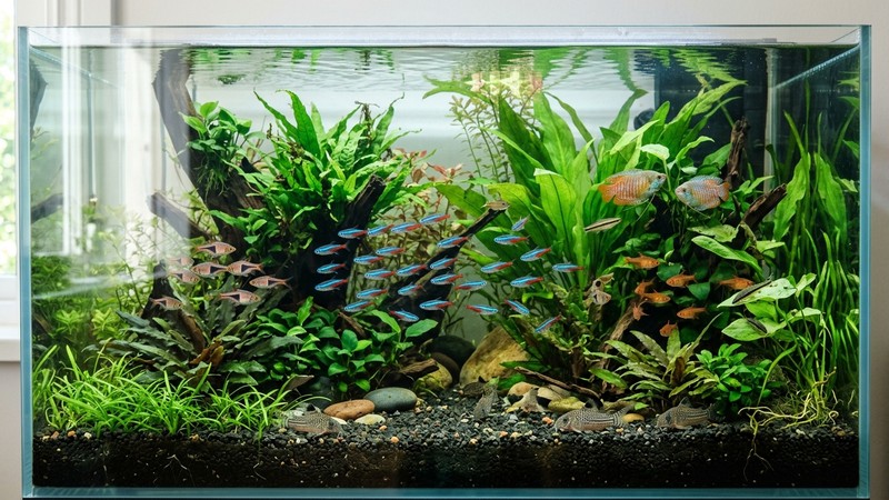 un acuario comunitario limpio y bien plantado con agua cristalina y varios peces sanos nadando