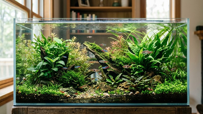 un acuario de agua perfectamente transparente con plantas verdes sanas y luz suave entrando por el agua