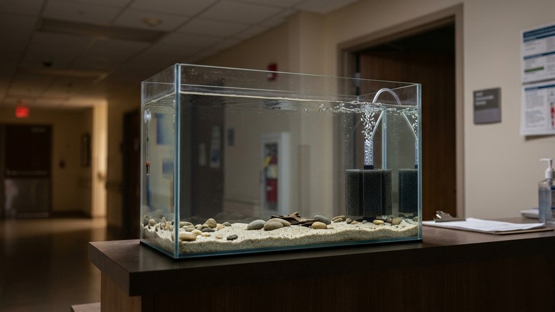 un pequeño acuario hospital limpio y vacío con un filtro de esponja y luz tenue, agua clara y tranquila