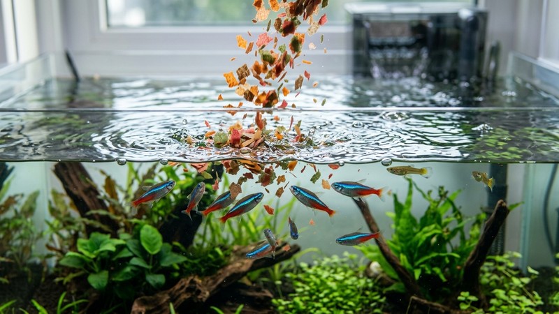 unas escamas de comida para peces cayendo sobre la superficie del agua de un acuario limpio