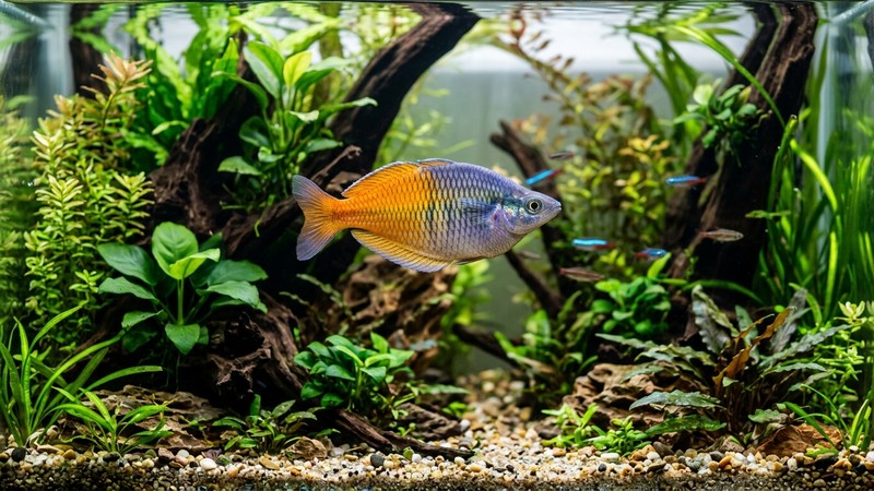 un pez sano y longevo de escamas lisas y colores vivos nadando feliz en un acuario plantado de agua cristalina