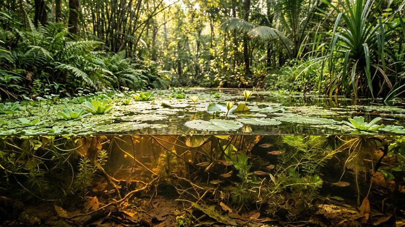 un biotopo de aguas cálidas y calmadas del sur de Asia, un charco poco profundo con vegetación densa, plantas flotantes y luz cálida filtrándose