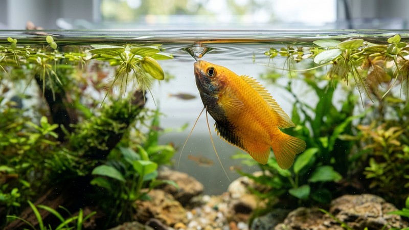 un gurami miel subiendo hacia la superficie tranquila de un acuario para tomar aire, con la boca cerca de la lámina de agua y plantas flotantes alrededor