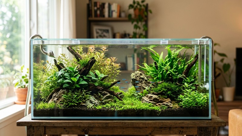 un acuario plantado con la tapa ligeramente entreabierta dejando una capa de aire sobre el agua cristalina, plantas verdes y superficie calmada