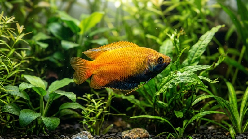 un macho de gurami miel en celo con el cuerpo dorado anaranjado encendido y la garganta y el vientre azul negruzco, en contraste luminoso, entre plantas verdes