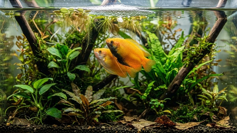 dos guramis miel de la variedad amarilla dorada de cría, muy encendidos y uniformes, nadando juntos en un acuario plantado de agua clara